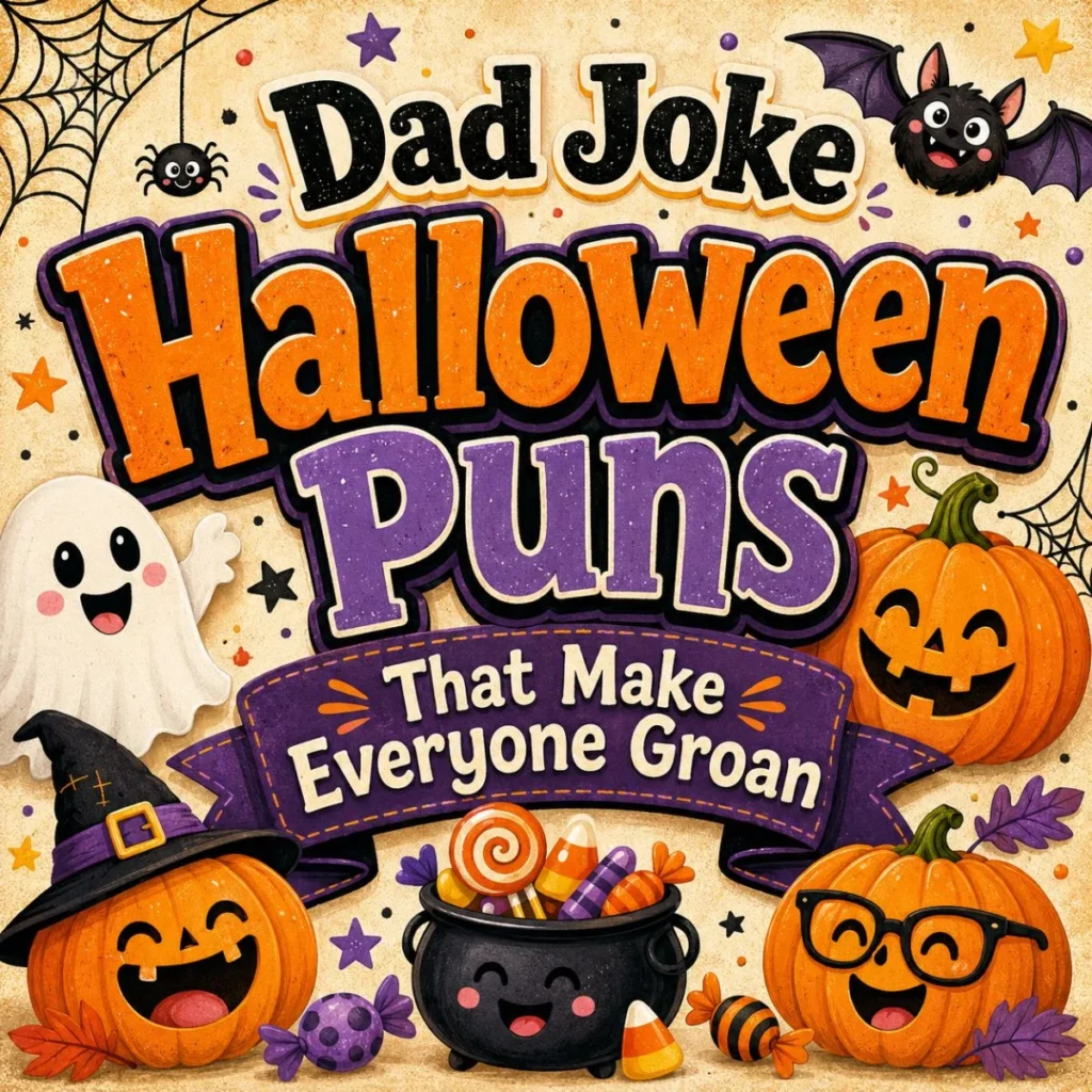 Cute Halloween puns poster with pumpkins, ghost, cauldron, and playful text about dad joke Halloween puns.
