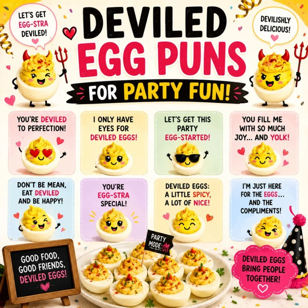 Deviled egg puns for party fun with cute egg characters, spicy jokes, confetti, and festive food humor.