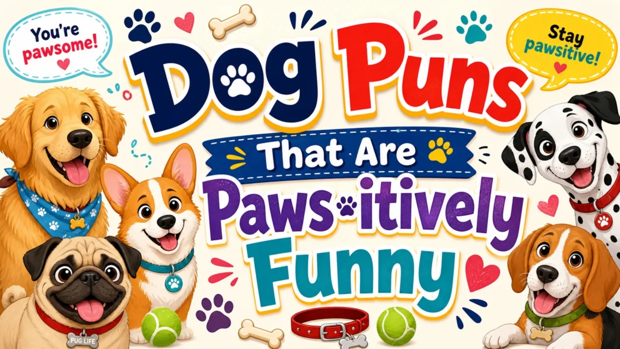 Dog puns image with cute cartoon dogs, paw prints, bones, and colorful playful text
