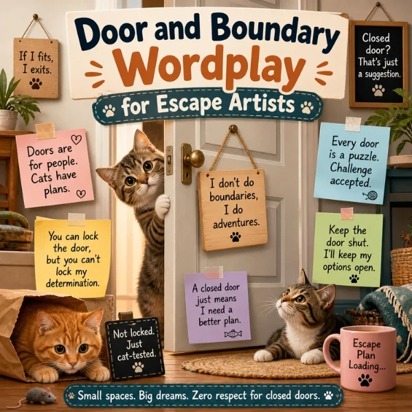 Cat wordplay poster with curious kittens by a door, sticky note jokes, and escape artist humor in a cozy room
