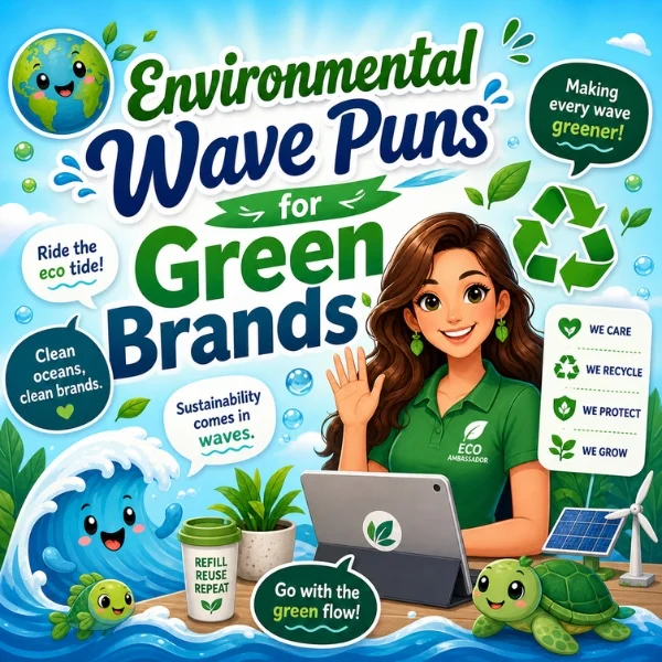 Environmental wave puns for green brands with an eco ambassador, recycling icons, ocean waves, and sustainability visuals.
