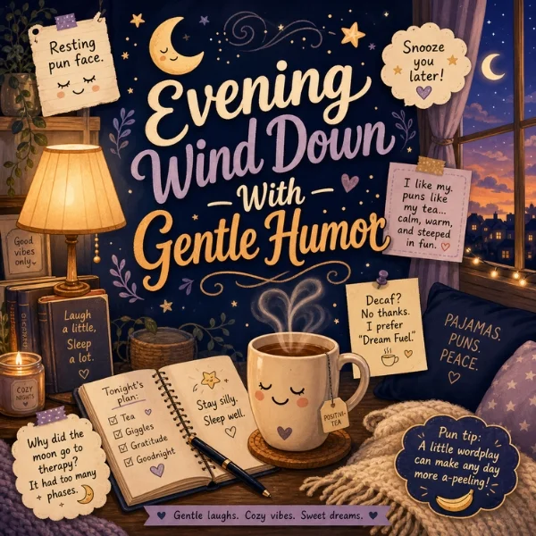 Evening humor poster with cozy tea mug, moon, notebook, and gentle bedtime puns in a warm night setting