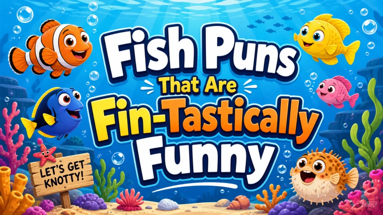 Fish puns image with colorful cartoon fish, bubbles, coral, and playful ocean humor text