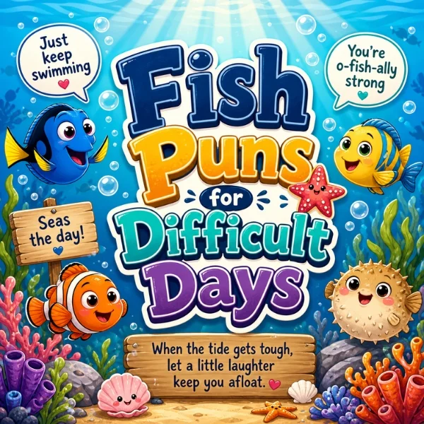 Fish puns for difficult days poster with colorful cartoon fish, coral, bubbles, and uplifting ocean humor