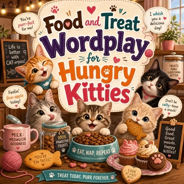 Cat food wordplay poster with cute kittens, treats, cupcakes, milk mug, and playful kitty puns in a cozy setting