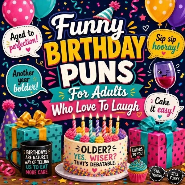 Funny birthday puns for adults image with colorful cake, balloons, gifts, wine glass, and party humor