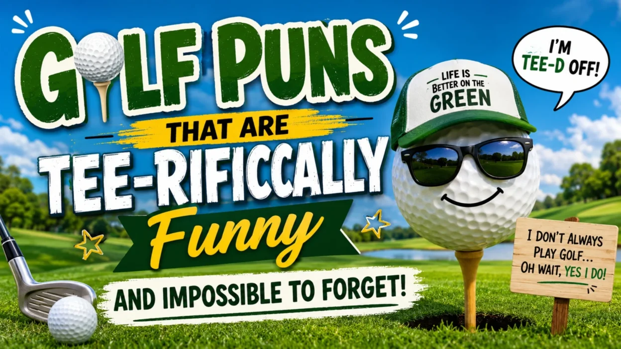 Funny golf puns thumbnail with smiling golf ball, golf clubs, and colorful tee-rific humor text