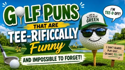 Funny golf puns thumbnail with smiling golf ball, golf clubs, and colorful tee-rific humor text