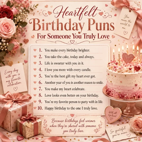 Heartfelt birthday puns for someone you love with roses, cake, gifts, and sweet romantic birthday messages
