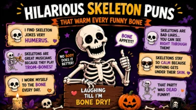 Funny skeleton puns poster with cartoon skeleton, Halloween jokes, pumpkins, and spooky humorous quotes