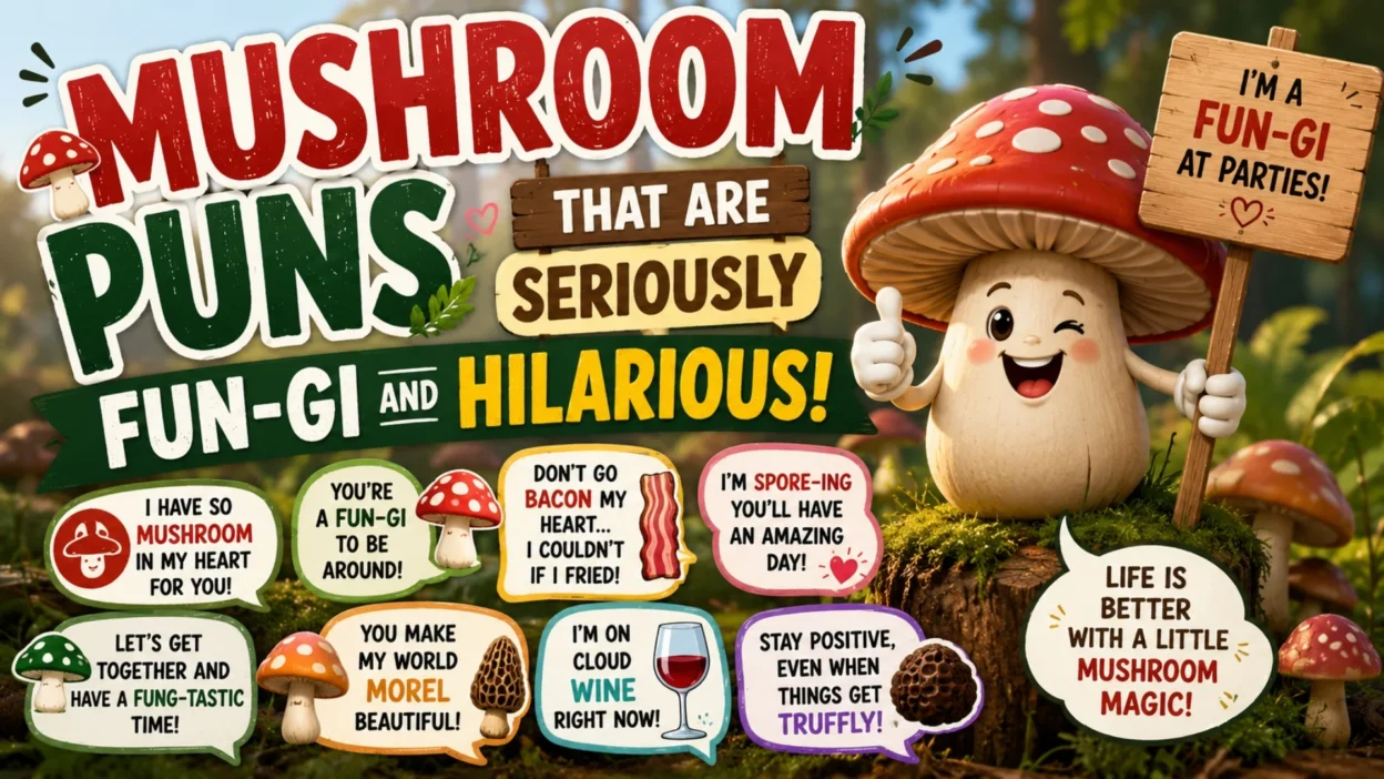 Funny mushroom puns design with cute fungi characters and colorful hilarious typography background