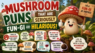 Funny mushroom puns design with cute fungi characters and colorful hilarious typography background