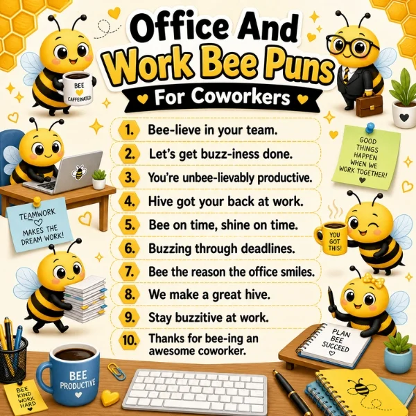 Office and work bee puns for coworkers poster with cute bees, desk items, and funny office-themed wordplay