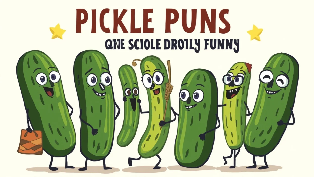 Funny pickle puns graphic with cute dill pickle characters and colorful hilarious foodie typography