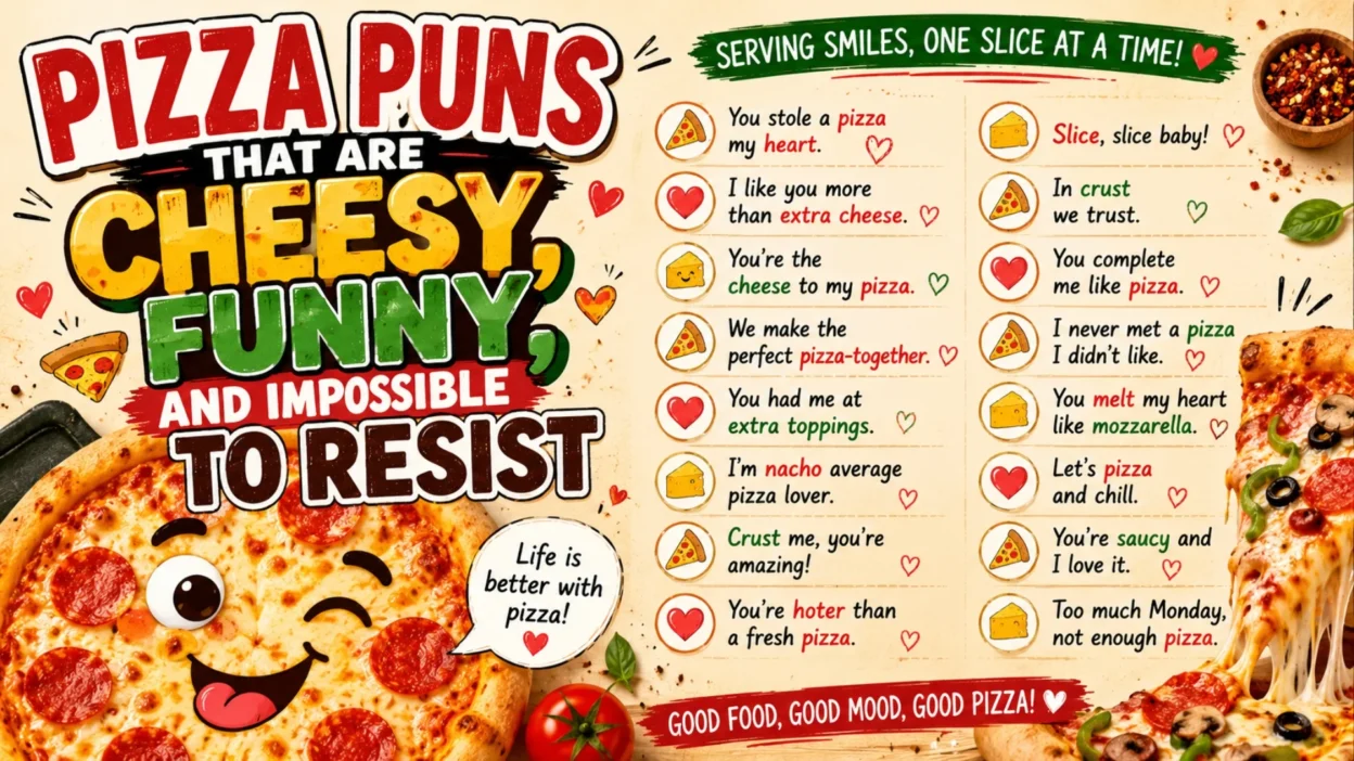 Funny pizza puns infographic with cheesy pizza jokes, cute slices, and colorful foodie humor for social media.