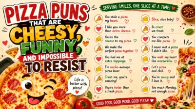 Funny pizza puns infographic with cheesy pizza jokes, cute slices, and colorful foodie humor for social media.