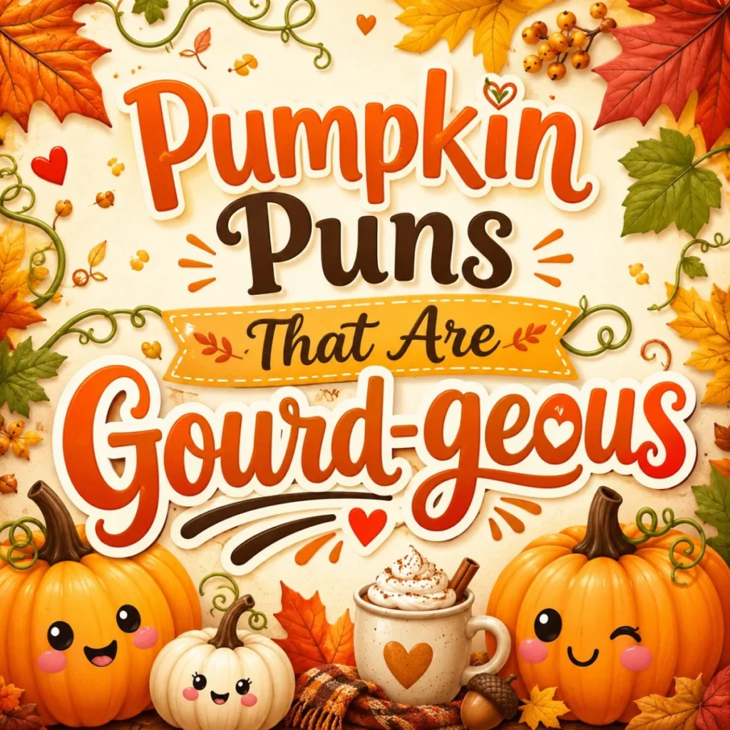 Cute fall pumpkin puns poster with smiling pumpkins, autumn leaves, and cozy coffee cup saying Gourd-geous.