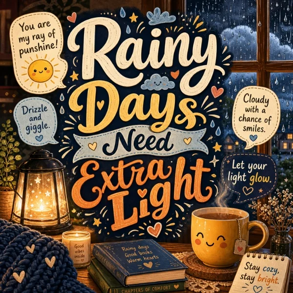 Rainy day poster with glowing lantern, smiling mug, window raindrops, cozy books, and uplifting light-themed puns
