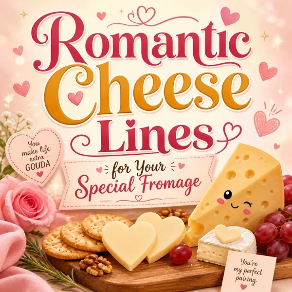 Romantic cheese lines image with heart-shaped cheese, crackers, grapes, and cute fromage-themed love design