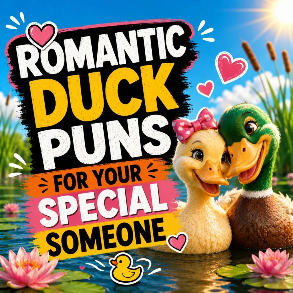 Romantic duck puns poster with a cute duck couple surrounded by hearts on a sunny pond
