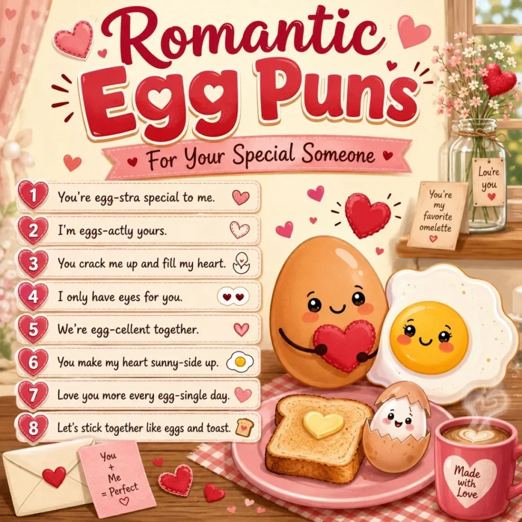 Romantic egg puns for your special someone with cute eggs, hearts, toast, and sweet love messages.