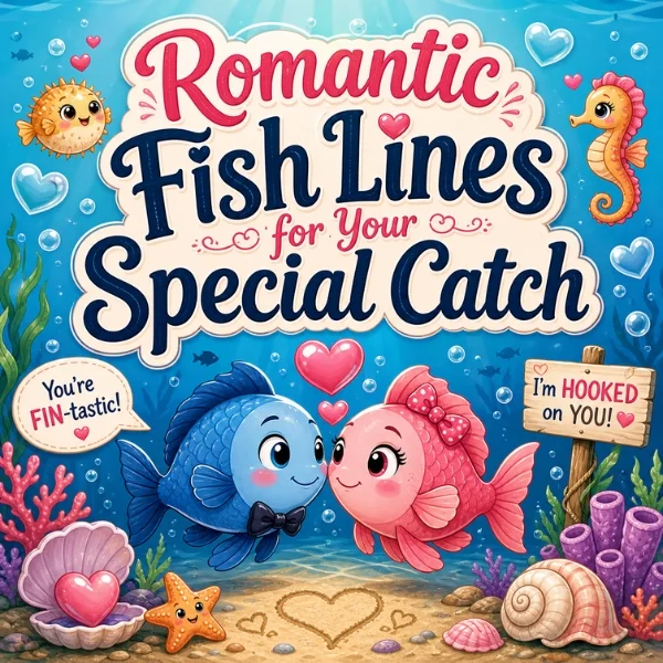 Romantic fish lines image with cute underwater fish couple, hearts, bubbles, and love-themed ocean design