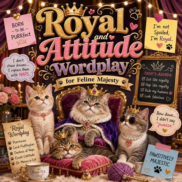 Royal cat wordplay poster with crowned kittens, luxury decor, and funny feline attitude quotes in a regal setting