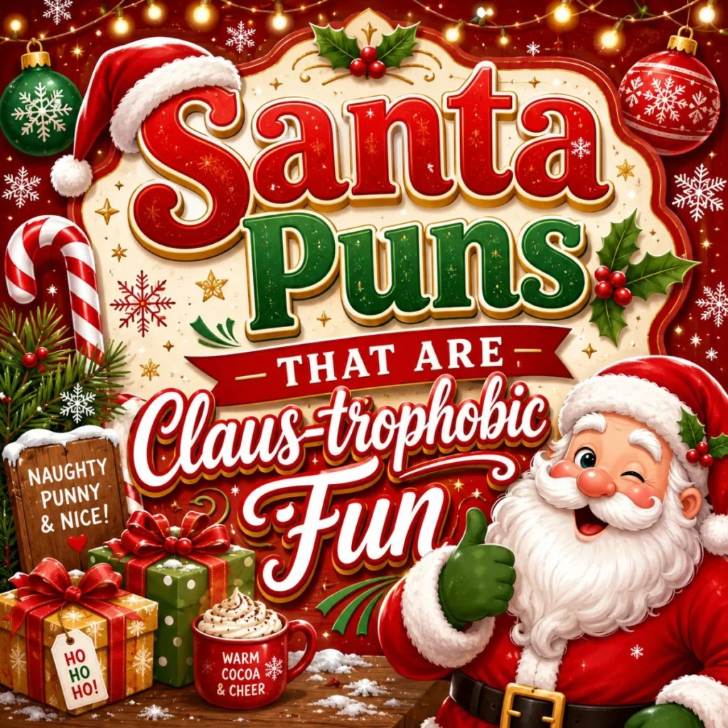 Festive Santa puns poster with Santa, gifts, ornaments, cocoa, and Christmas text saying Claus-trophobic fun.