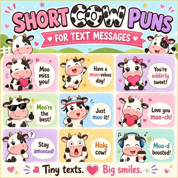 Short cow puns poster with cute cartoon cows, pastel panels, and funny text message one-liners