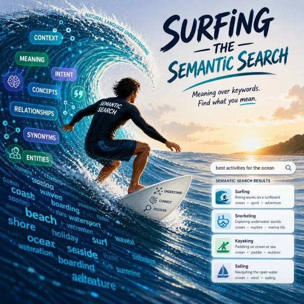 Surfer riding a data wave in a semantic search illustration with context, meaning, and intent visualized.