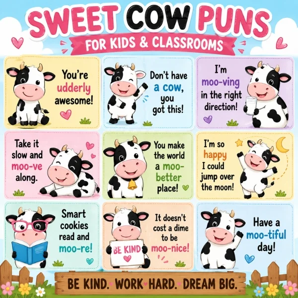 Sweet cow puns classroom poster with cute cartoon cows, kind messages, and fun learning quotes for kids