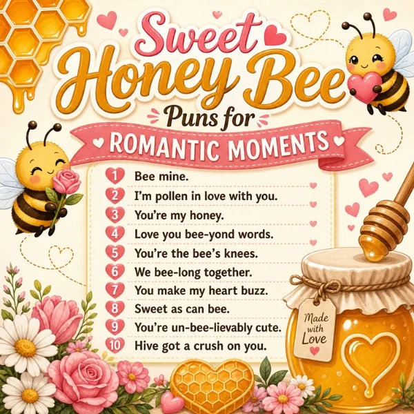 Sweet honey bee puns for romantic moments with cute bees, flowers, hearts, and love-themed wordplay