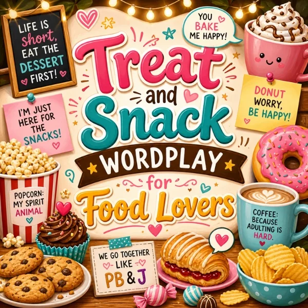Treat and snack wordplay poster with donuts, cookies, popcorn, coffee, chips, and colorful food puns
