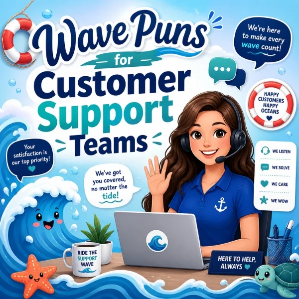 Wave puns for customer support teams with friendly help desk agent, ocean graphics, and cheerful service messages.