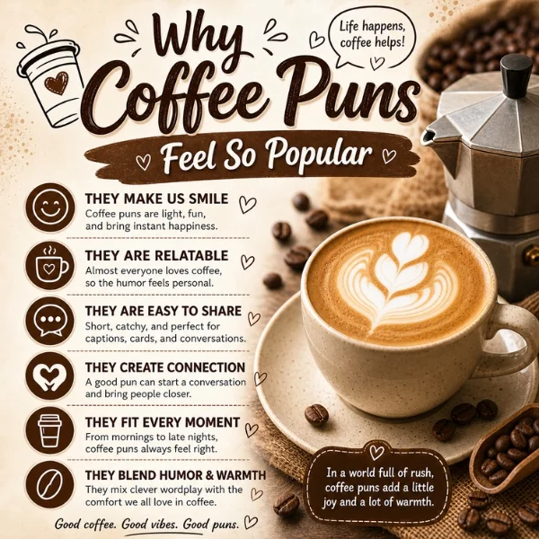 Why Coffee Puns Feel So Popular infographic with latte art, moka pot, coffee beans, and cozy coffee humor points