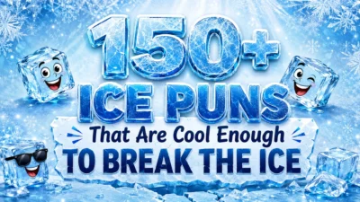 150+ Ice Puns blog cover with smiling ice cubes, frosty blue background, and cool break-the-ice humor
