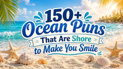 150+ ocean puns cover with tropical beach, blue waves, seashells, and sunny coastal style