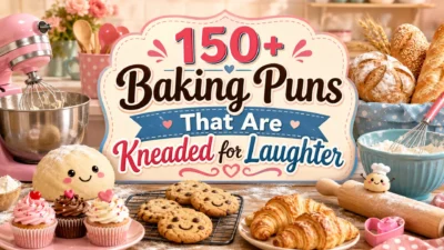 150+ baking puns with bread, cupcakes, cookies, croissants, and smiling dough