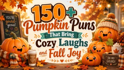 Pumpkin puns image with smiling pumpkins, autumn leaves, cozy fall decor, and funny seasonal wordplay
