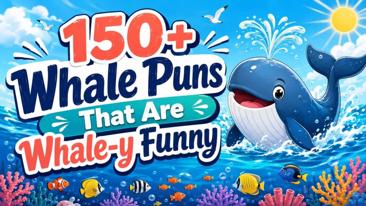 150+ whale puns with smiling whale, ocean waves, fish, coral, and sunny sky