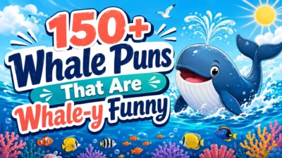 150+ whale puns with smiling whale, ocean waves, fish, coral, and sunny sky