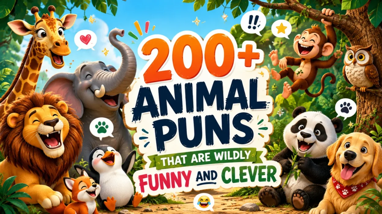 Funny animal puns banner featuring cute cartoon animals laughing in a colorful jungle setting
