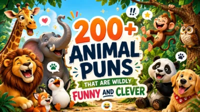 Funny animal puns banner featuring cute cartoon animals laughing in a colorful jungle setting