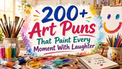200+ art puns cover with colorful paints, brushes, canvas, pencils, and creative studio style