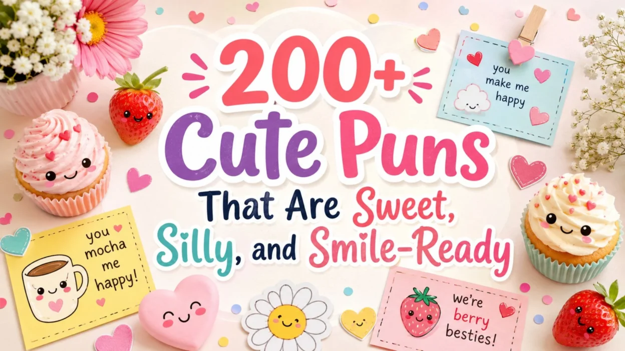 200+ cute puns cover with smiling cupcakes, strawberries, hearts, flowers, and pastel note cards