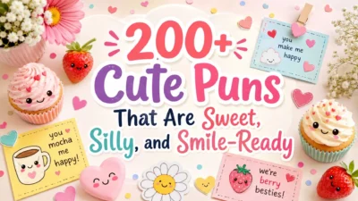 200+ cute puns cover with smiling cupcakes, strawberries, hearts, flowers, and pastel note cards