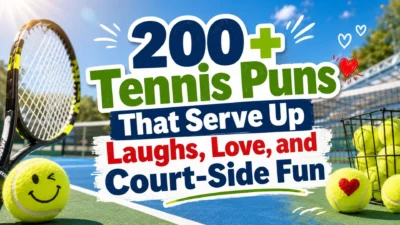 200+ tennis puns cover with sunny court, racket, smiling tennis balls, net, and sporty fun style