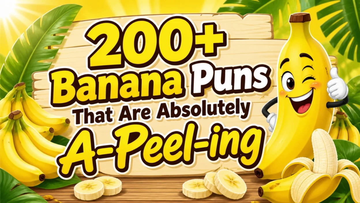 Banana puns image with yellow bananas, banana slices, tropical leaves, and funny a-peel humor