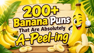 Banana puns image with yellow bananas, banana slices, tropical leaves, and funny a-peel humor