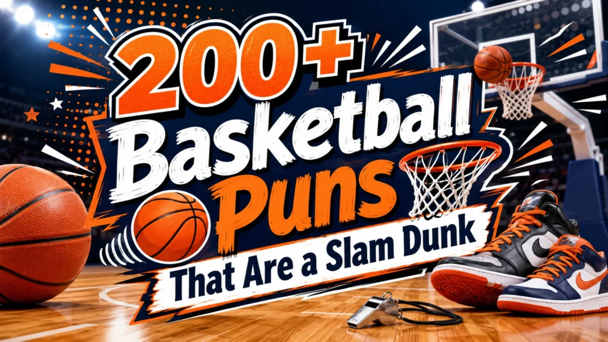 200+ basketball puns with hoop, basketballs, sneakers, and slam dunk court design